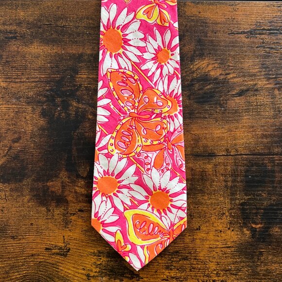 Lilly Pulitzer Vintage Pink Butterfly Daisy White Label Mens Tie - Picture 3 of 5